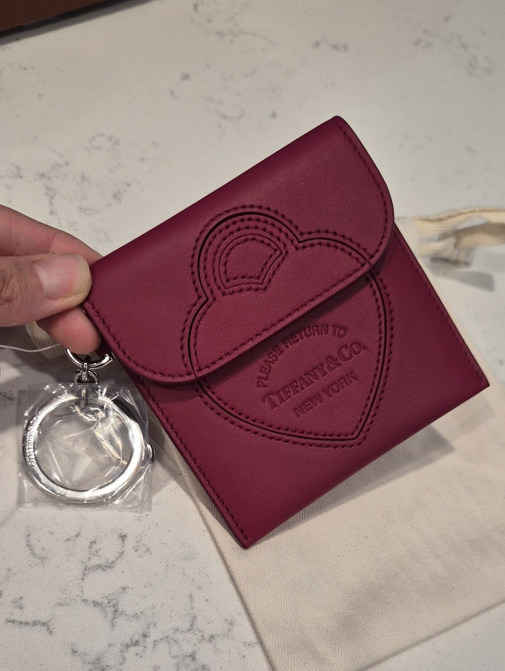 Tiffany & Co. Deep Pink Heart-Embossed Leather Key Pouch